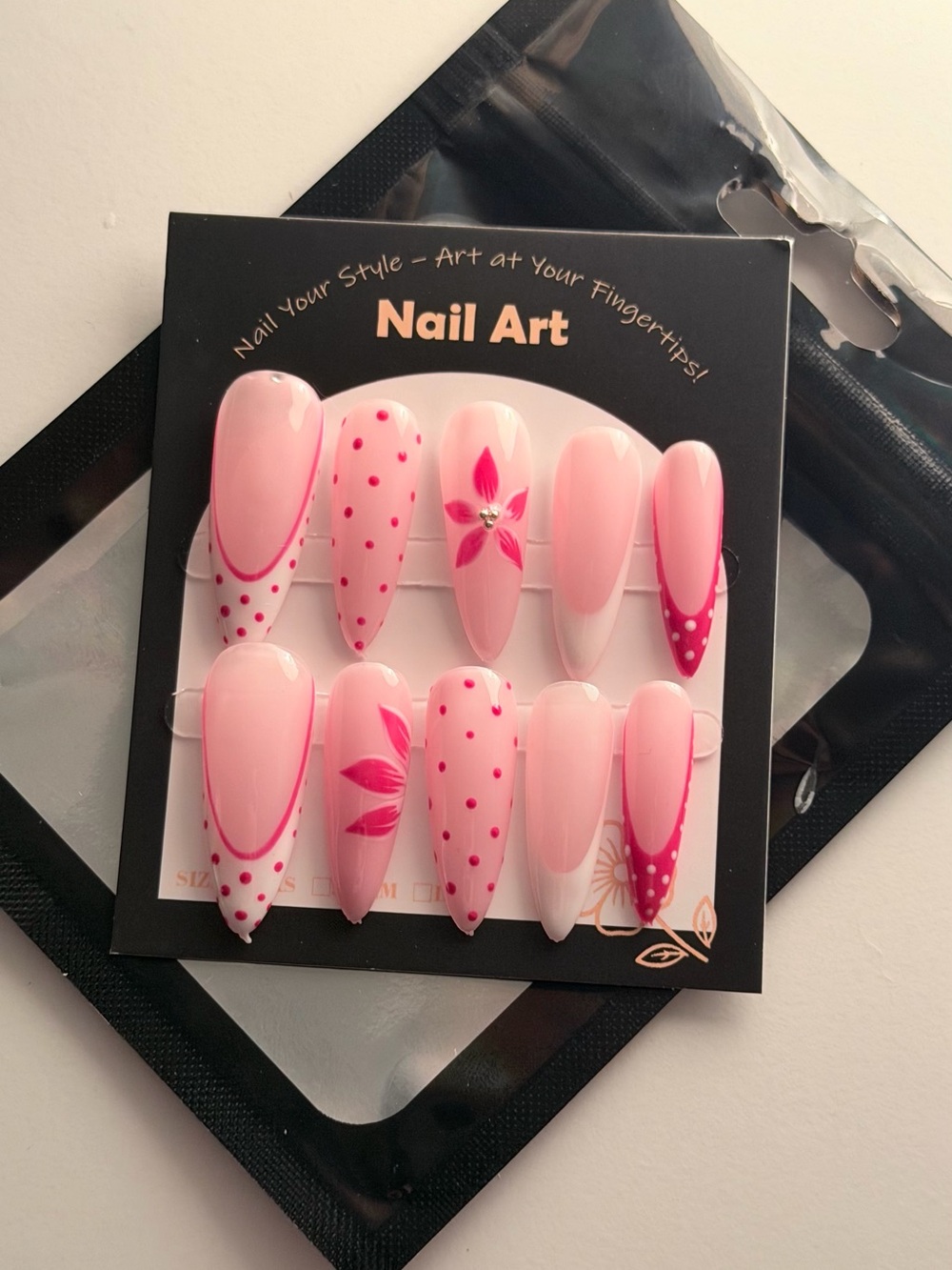 Polkadot pink press on nails with flowers